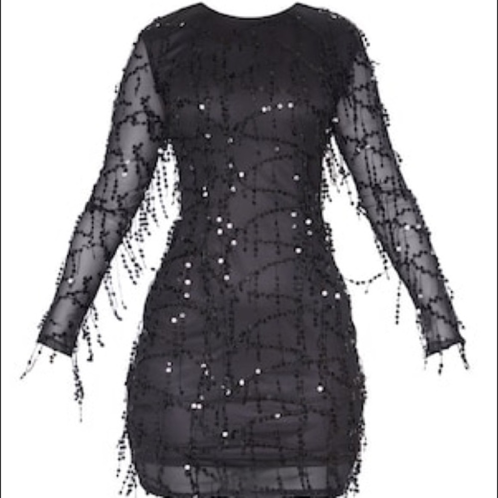 PrettyLittleThing Black Sequin Fringed Mini Dress